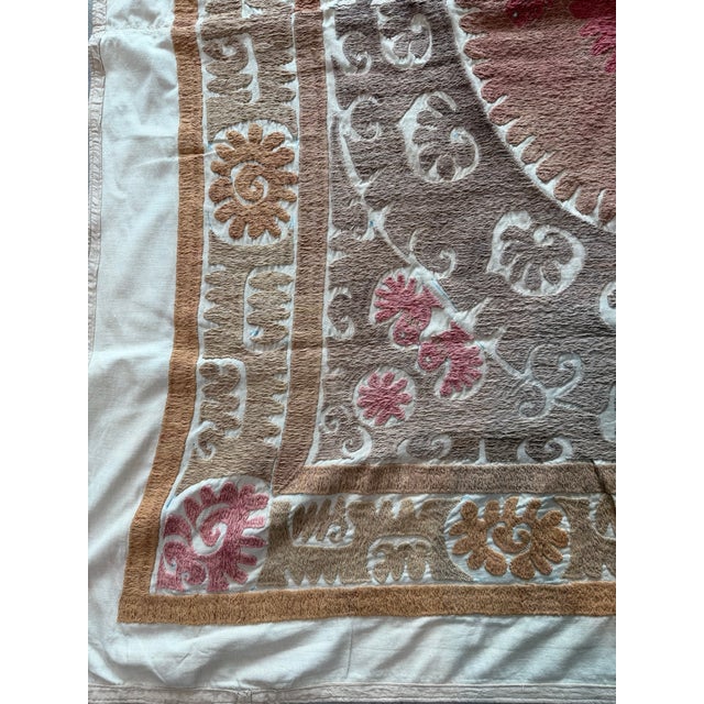 Mid-Century Modern Boho Neutral Tan Suzani From Uzbek — 4'7'' X 4'10'' For Sale - Image 3 of 6