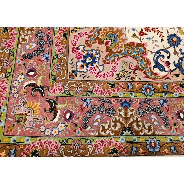 Vintage Tabriz Square Area Rug, Hand-Knotted Wool & Silk, Fine Medallion Floral Pattern, Ivory & Pale Pink, 7x7 For Sale - Image 16 of 16