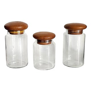 1970s Glass Canisters With Teak Wood Lids, Set of 3 For Sale