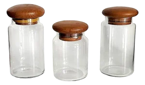 1970s Glass Canisters With Teak Wood Lids, Set of 3