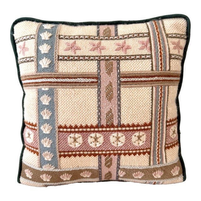 Vintage Coastal Folk Art Needlepoint Pillow Seashell Motif For Sale