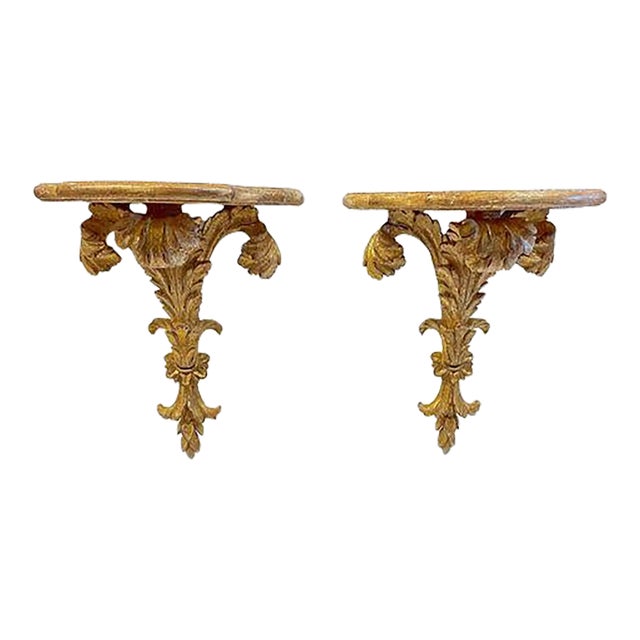 Pair Vintage Gilt Acanthus Leaf Wall Shelves For Sale