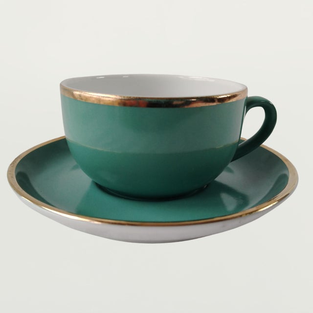 Vintage Coffee Cups in Turquoise Green Porcelain with Gold Detailing from Mitterteich Bavaria, 1950s, Set of 12 For Sale - Image 11 of 11