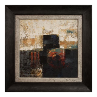 Framed Square Textured Abstract Painting With Black Red Beige and White Colors For Sale