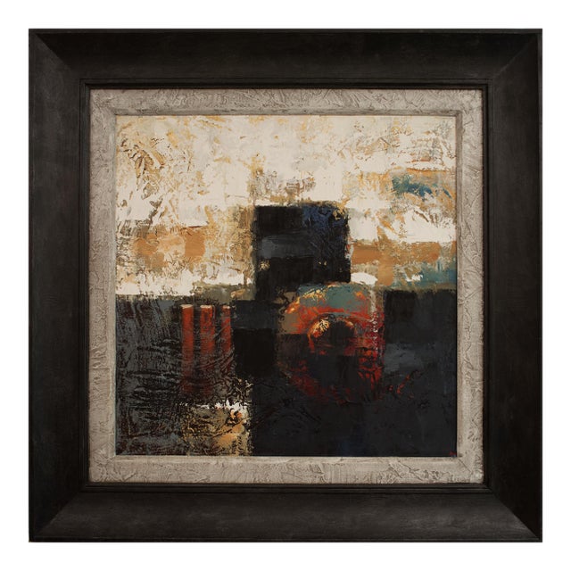 Framed Square Textured Abstract Painting With Black Red Beige and White Colors For Sale