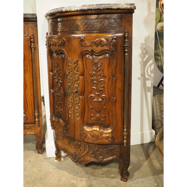 Brown Pair of Sculpted Antique Walnut Corner Cabinets From Provence, France, C. 1900 For Sale - Image 8 of 18