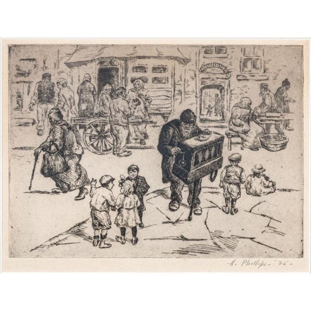 Realism Abraham Phillips Signed Etching Organ Grinder Street Scene 1925 For Sale - Image 3 of 14
