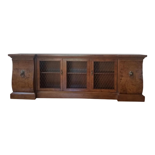 1960s Long & Low Burlwood Credenza With Brass Hardware and Built-In Bookcase -- Custom and Handmade For Sale