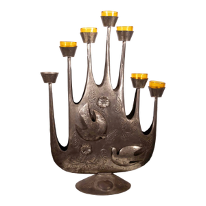 Modernist Gene Bryon Brutalist Hammered Tin Candelabra With Peace Dove & Flower Design, 1968