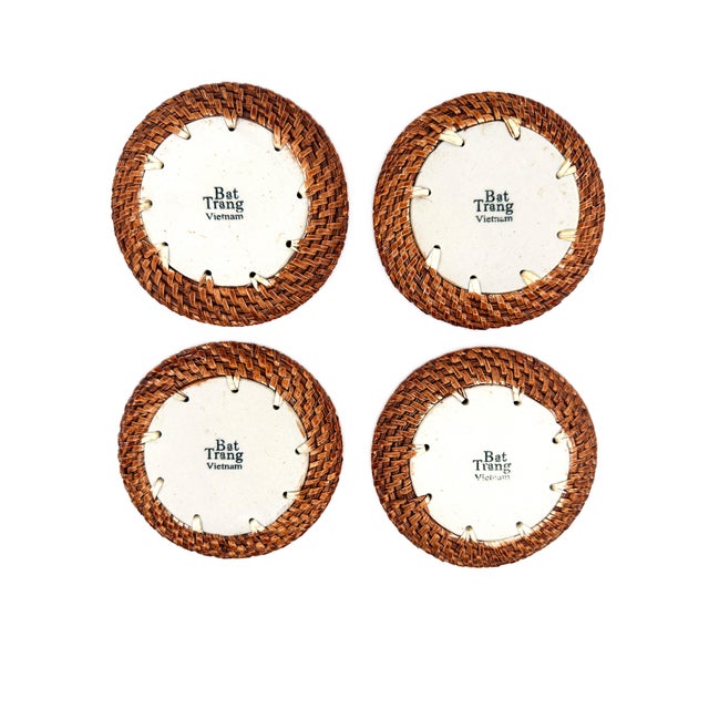 Wood Asian Modern Bat Trang Vietnam Rattan & Ceramic Coasters With Hand Painted Yellow Floral Motif - Set of 4 For Sale - Image 7 of 7