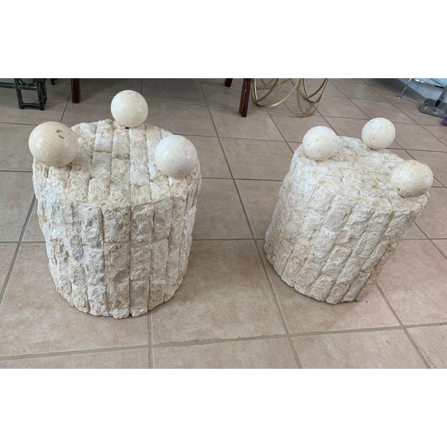Late 20th Century Vintage Postmodern Tessellated Geometric Round Side Tables Base ( a Pair) For Sale - Image 5 of 7