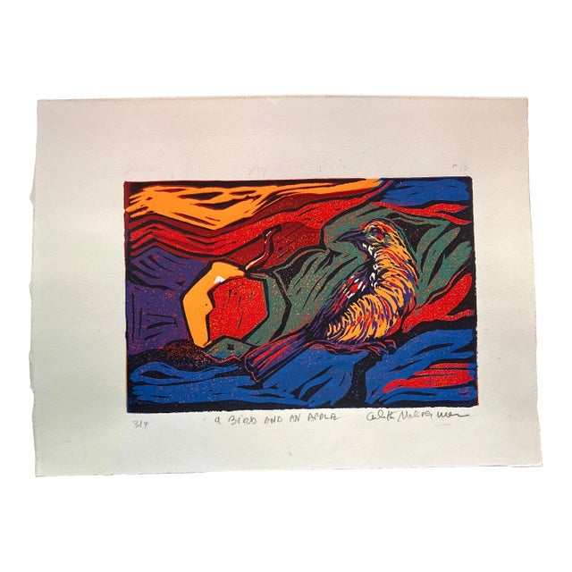 Contemporary Original Wood Block Print “a Bird and an Apple” Signed For Sale