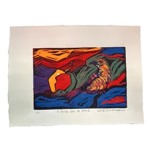 Contemporary Original Wood Block Print “a Bird and an Apple” Signed