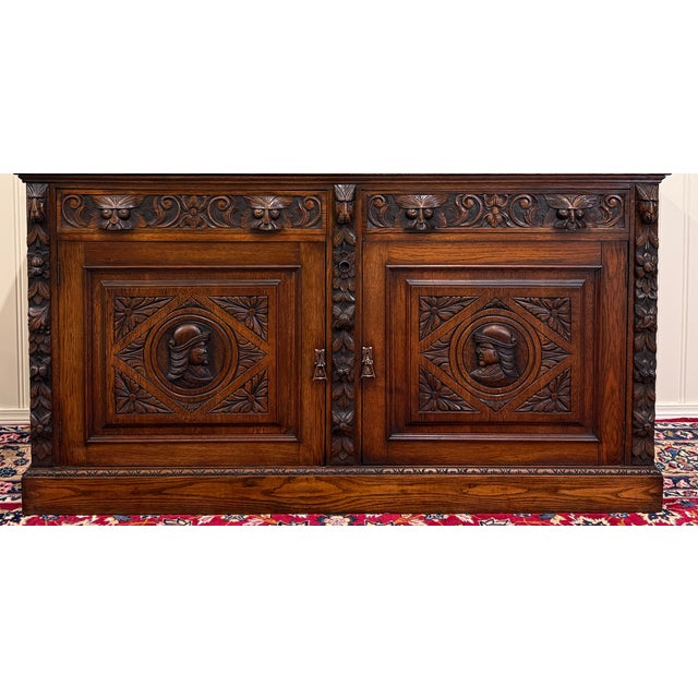 Wood Antique Renaissance Revival French Server Sideboard Buffet Cabinet Oak 19c For Sale - Image 7 of 18