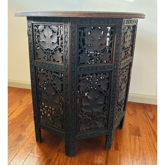 Coffee Large Antique Moroccan Carved Wood With Brass Inlay Octagonal Side Table For Sale - Image 8 of 12