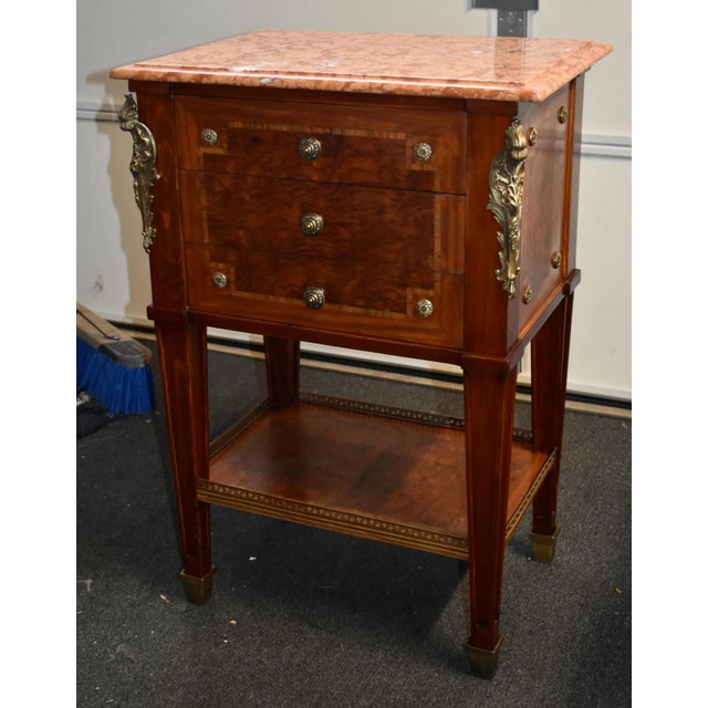Inlaid Wood Nightstand Vintage Italian 3 Drawer Marble Accent Chest Brass Ormolu 80s For Sale - Image 13 of 13