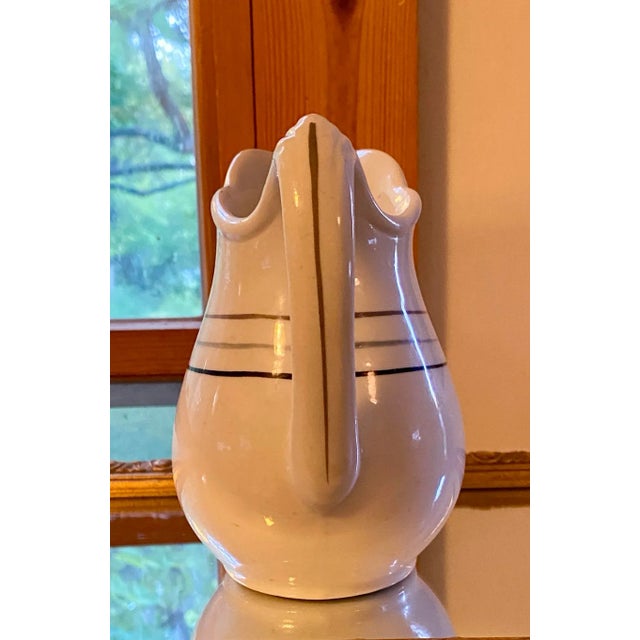 1920s Small Antique Iroquois Milk Jug/ Syrup / Gravy White W/ Black, Blue, Grey 3 Stripe For Sale - Image 4 of 7