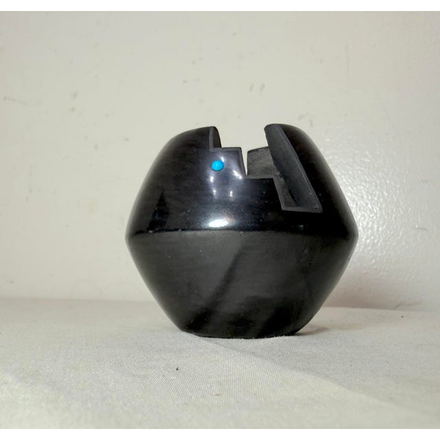 Gemstone Vintage Vida Baca Native American Zuni Carved Black Pottery Turquoise Stone Bowl For Sale - Image 7 of 10