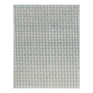 Rug & Kilim’s Modern Block Print Runner Rug in Blue with White Floral Patterns - 3x8 For Sale