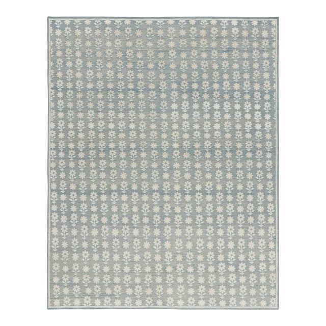 Rug & Kilim’s Modern Block Print Runner Rug in Blue with White Floral Patterns - 3x8 For Sale