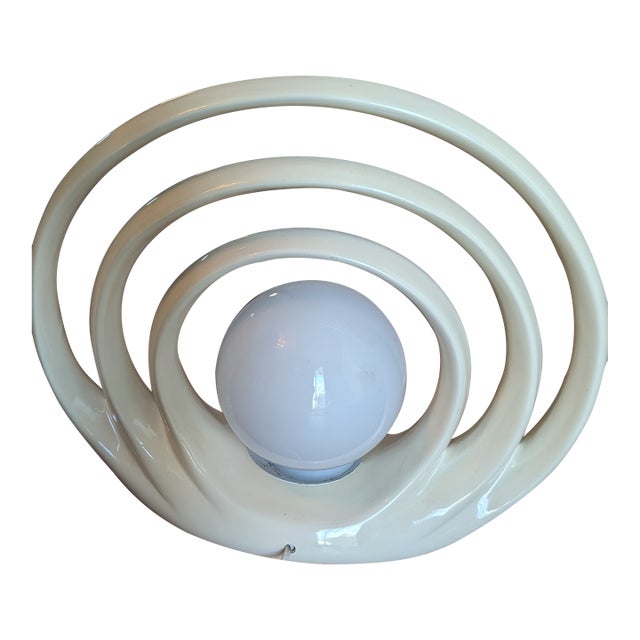 Vintage 1980s Art Deco Revival Ceramic Halo Rings Ellipse Table Lamp Opalescent For Sale