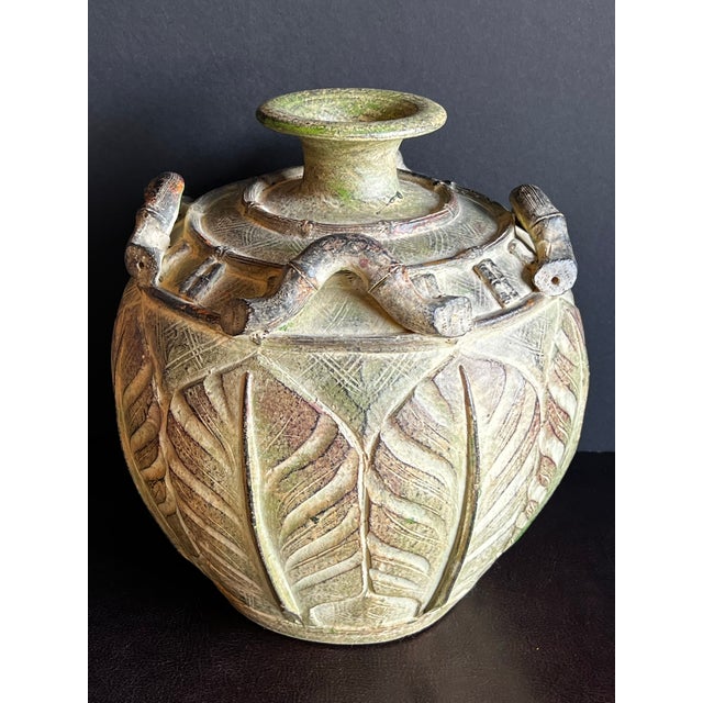 Tribal Vintage Pier 1 Weathered Green Earthenware Vase With Tropical Leaf Relief For Sale - Image 3 of 10