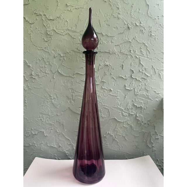 Amethyst 1960s Italian Empoli Amethyst Glass Genie Bottle Decanter With Original Stopper – 26.75” Tall For Sale - Image 8 of 11