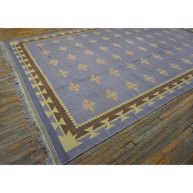 1930s Blue Gray Diamond Antique Indian Cotton Dhurrie Carpet Flatweave Large Rug For Sale - Image 9 of 17