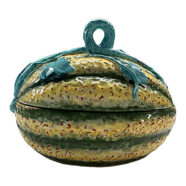 Vintage Italian Majolica Melon Tureen With Lid Hand Painted Ceramic Bowl For Sale