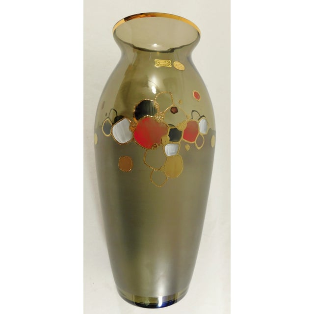 Large Mid Century 16" Egermann Czech Republic Bohemia Crystal 24k Gold Trim Vase For Sale - Image 10 of 13