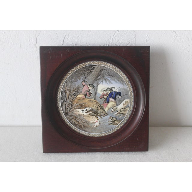 English Vintage Kirkhams Ltd. English Ceramic Plates Harwood Frames Bull Fight, the Boar Hunt Mid-Century- a Pair For Sale - Image 3 of 8