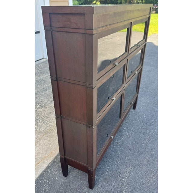 Traditional Antique Globe Wernicke Arts & Crafts Mahogany Three Stack Double Barrister Bookcase For Sale - Image 3 of 12