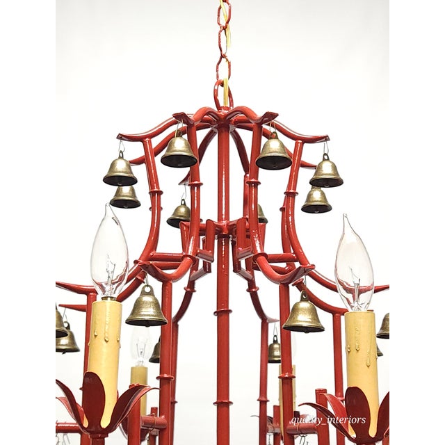 Massive Vintage Italian Tole Red Faux Bamboo Birdcage Chandelier With Bells ~ Rewired ~ Restored ~ Rejuvenated ~ Ready to Hang ~ For Sale - Image 4 of 12