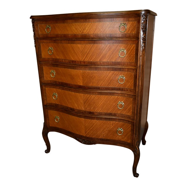 Vintage Five Drawer Carved Rosewood & Satinwood French Style Tall Chest
