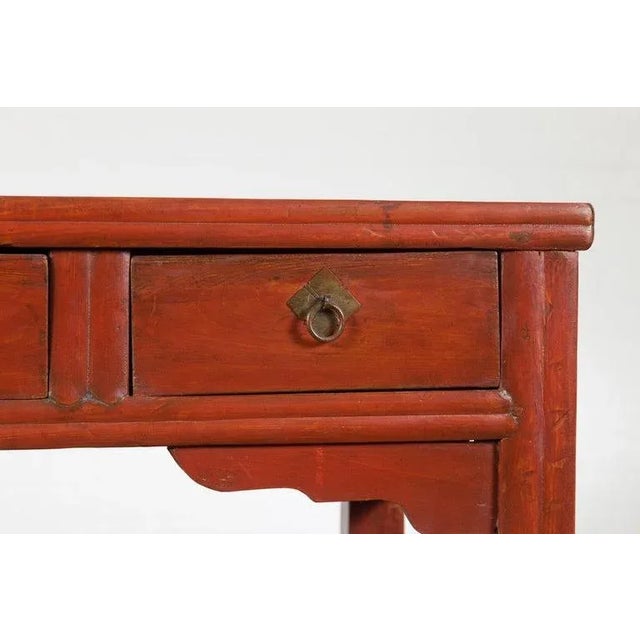 19th Century Chinese Qing Dynasty Red Orange Lacquered Table with Three Drawers For Sale - Image 11 of 13