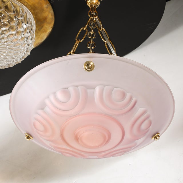 1930s Art Deco Frosted Geometric Rose Glass Brass Fitted Pendant Chandelier For Sale - Image 5 of 17