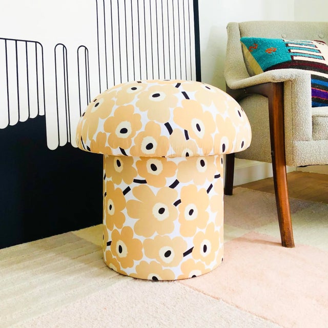 A handmade mushroom shaped ottoman upholstered in Marimekko "Unikko" (Unikko, meaning "Poppy" in Finnish. 100% cotton...