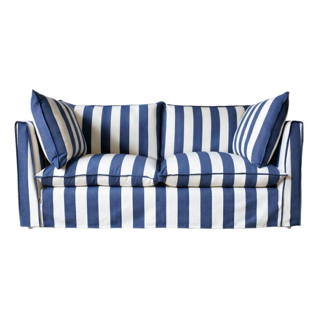 Sophie Conran Coco 2.5 Seater Sofa - Sea Holly Blue Stripes with Knife Edge Cushion For Sale
