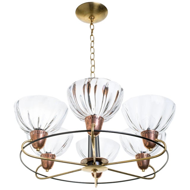 Italian Brass Copper Blown Glass Chandelier For Sale