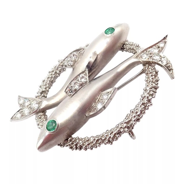 Late 20th Century Cartier White Gold Platinum Diamond Emerald Zodiac Pisces Fish Brooch Pin/Pendant For Sale In Philadelphia - Image 6 of 12