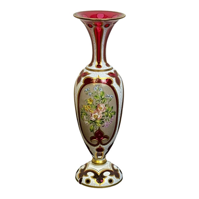 Antique Bohemian Cranberry Cut Glass Vase With Hand-Painted Enamel Flowers, Overlay, and Gilt. 12.75” Early 1900s Romantic Victorian For Sale