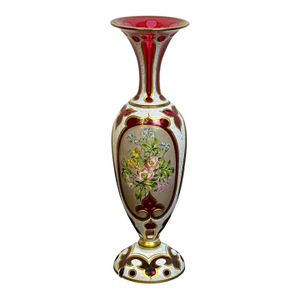 Antique Bohemian Cranberry Cut Glass Vase With Hand-Painted Enamel Flowers, Overlay, and Gilt. 12.75” Early 1900s Romantic Victorian