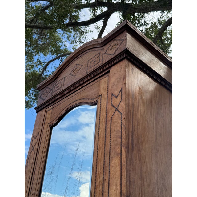 Antique Tramp Art Style Solid Wood Armoire With Mirror | Hand-Carved Wardrobe Cabinet For Sale - Image 4 of 11