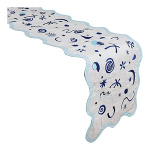 Misette Celestial Linen Embroidered Runner in Blue For Sale