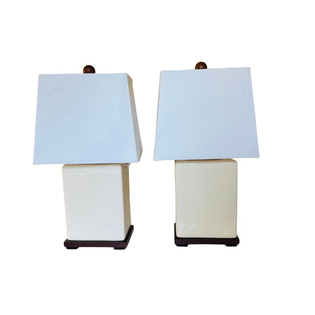 Wood Lauren Ralph Lauren Cream Crackle Glaze Ceramic Table Lamps, Pair For Sale - Image 7 of 12