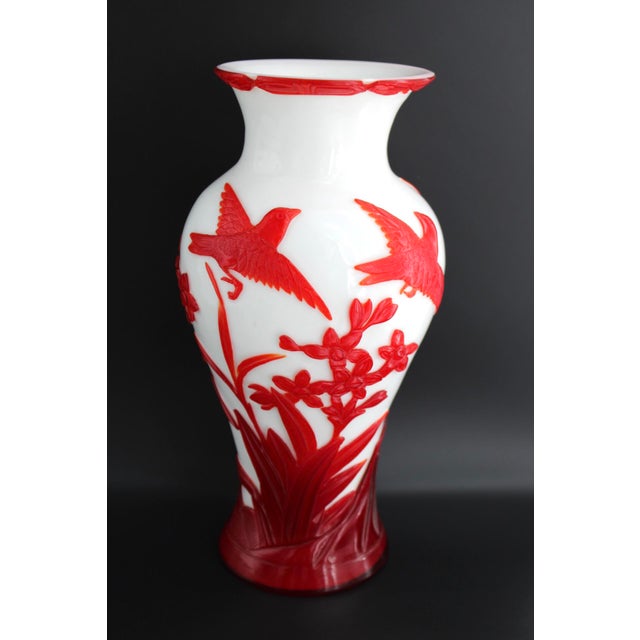 Asian Antique Antique Chinese Red and White Peking Glass Vase, Hand Carved, C1900, 10.75” For Sale - Image 3 of 12