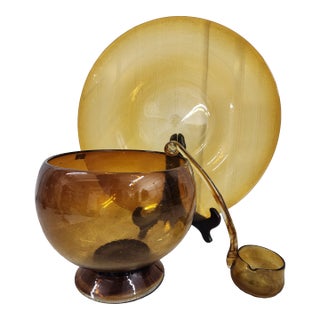 1960s Mid Century Modern Blown Glass Punch Bowl - 3 Pieces For Sale