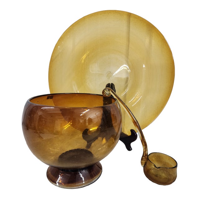 1960s Mid Century Modern Blown Glass Punch Bowl - 3 Pieces For Sale