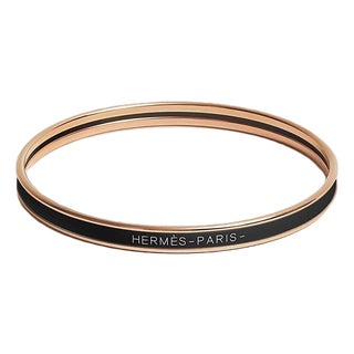 Hermes 18k Rose Gold Plated and Black Enamel Uni Bangle For Sale