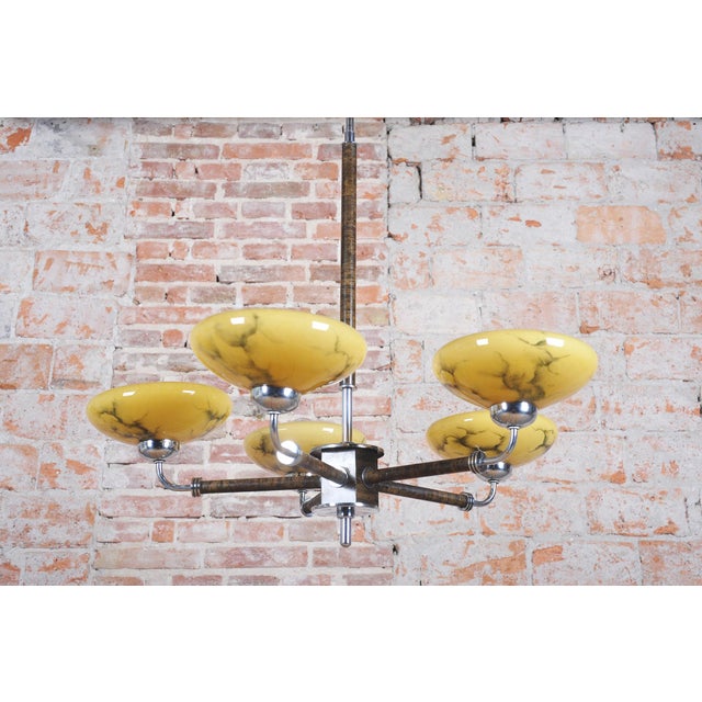 Art Deco Chandelier in Chrome, Beech, Walnut and Glass, Czech, 1920s For Sale - Image 12 of 13